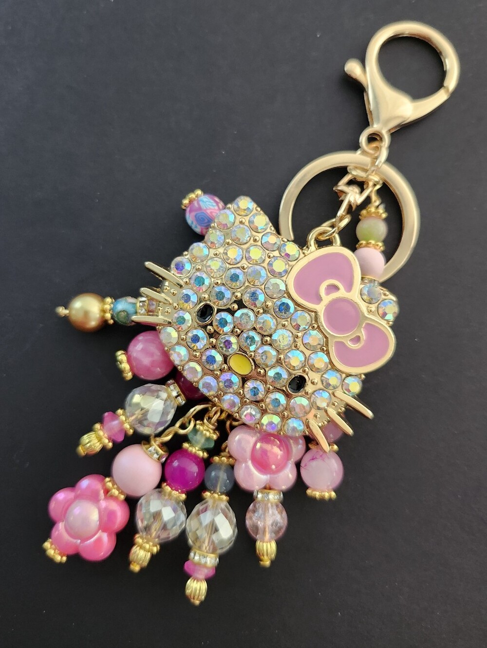 Hello Kitty Purse Charm or Keychain Dolomite Jasper Rose Quartz Handcrafted - Picture 3 of 5